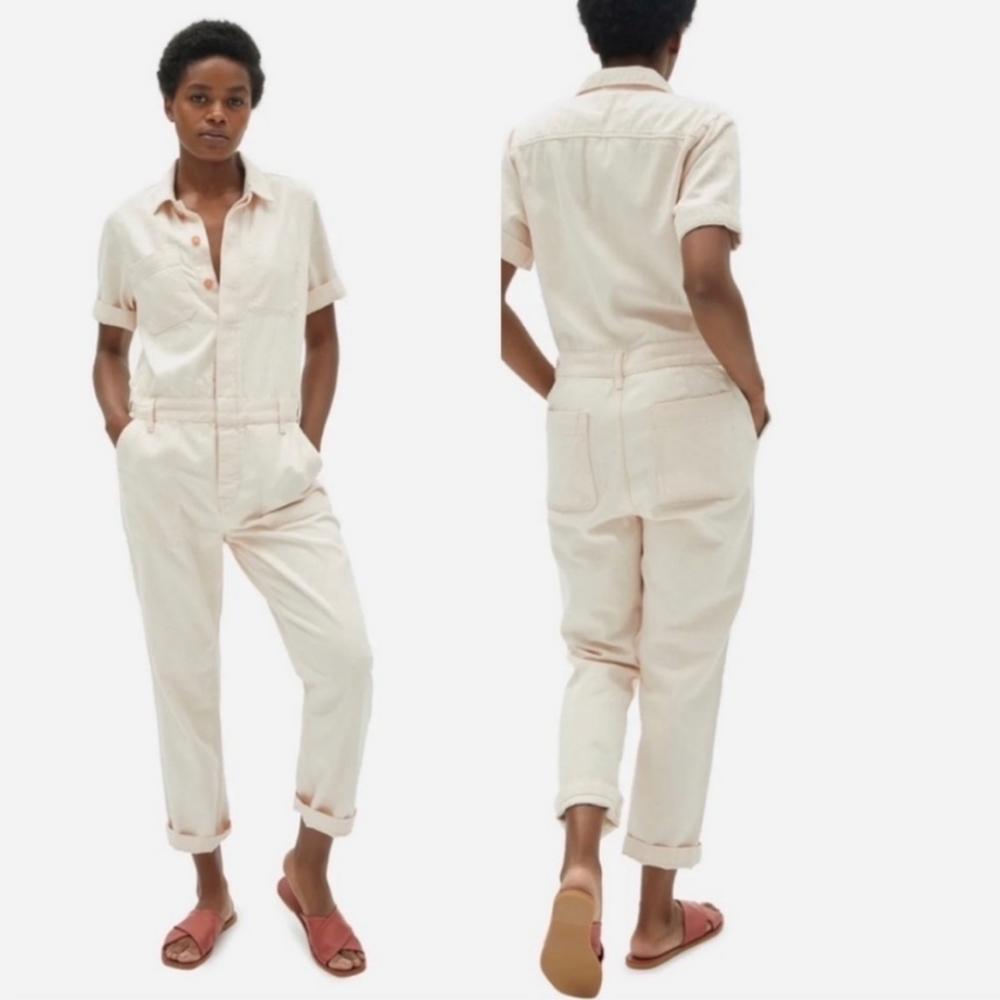 NWT Everlane Supersoft Denim Coverall Jumpsuit Utility Workwear | Ecru, Size 14